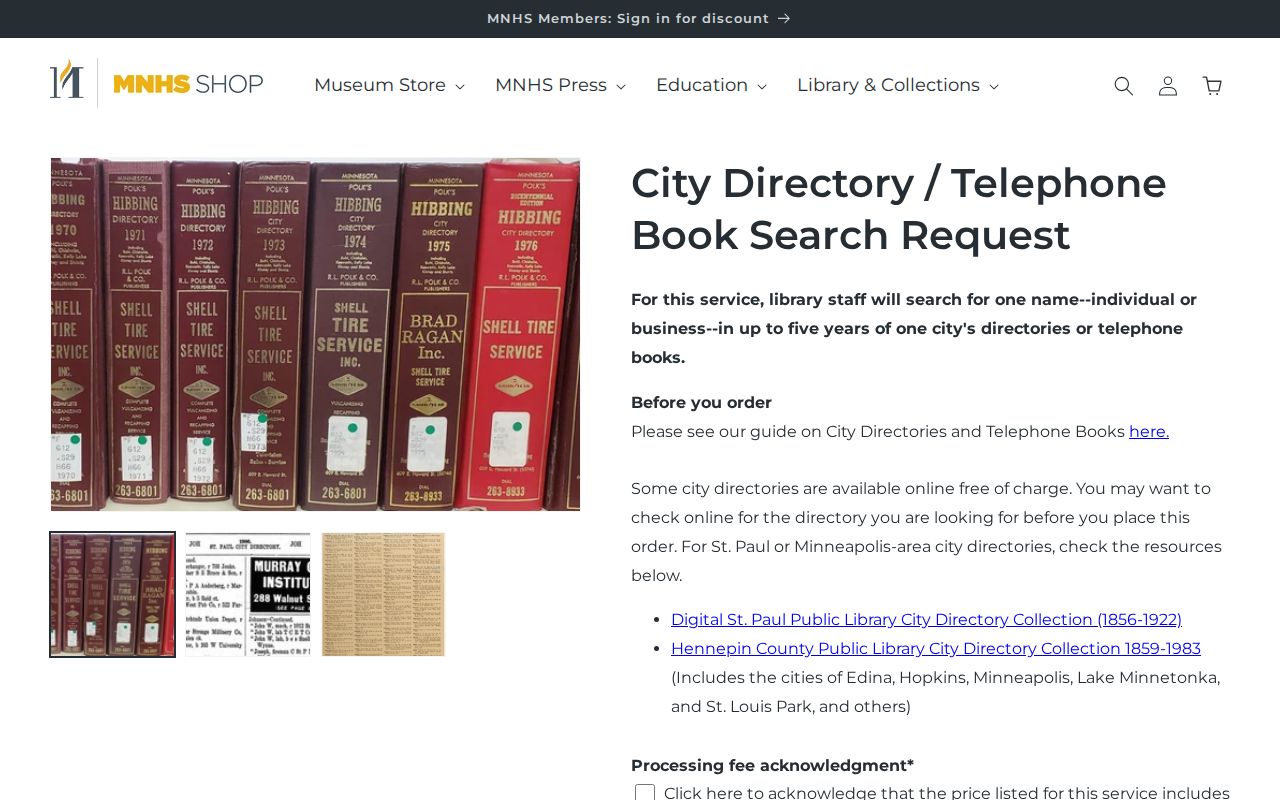 Brooklyn Park city directory staff search service at Minnesota Historical Society