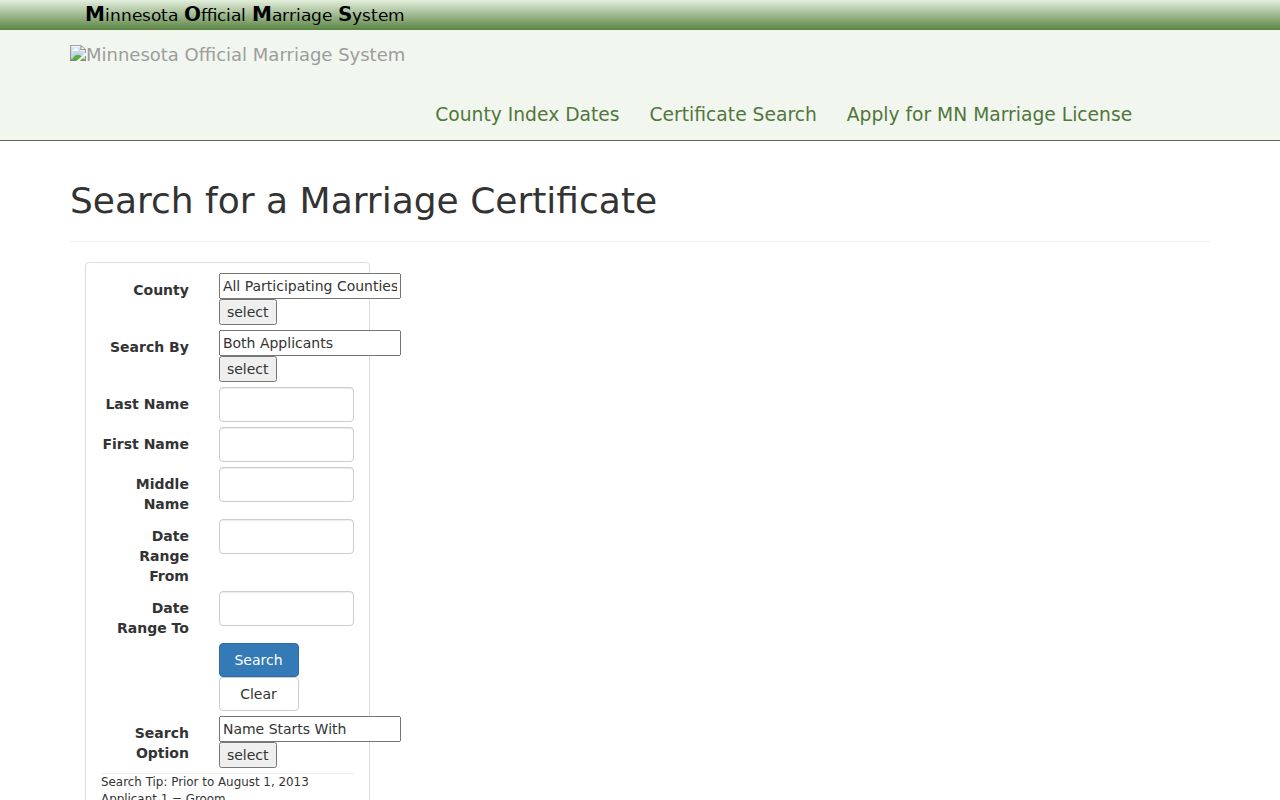 Brooklyn Park resident lookup through Minnesota Official Marriage System